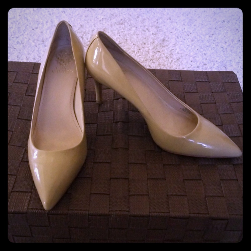 Vince Camuto taupe patent pumps
